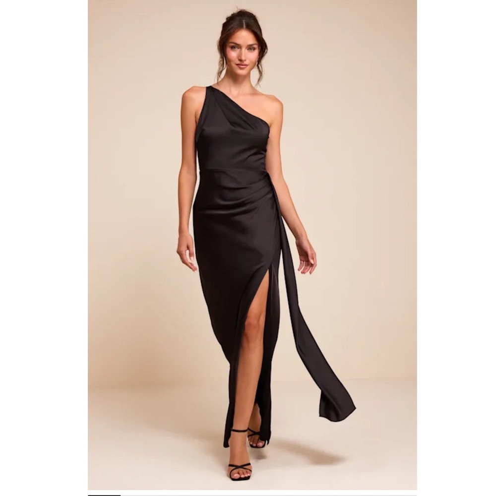 Lulus Signature Elegance Black Satin One-Shoulder Maxi Dress Size XL